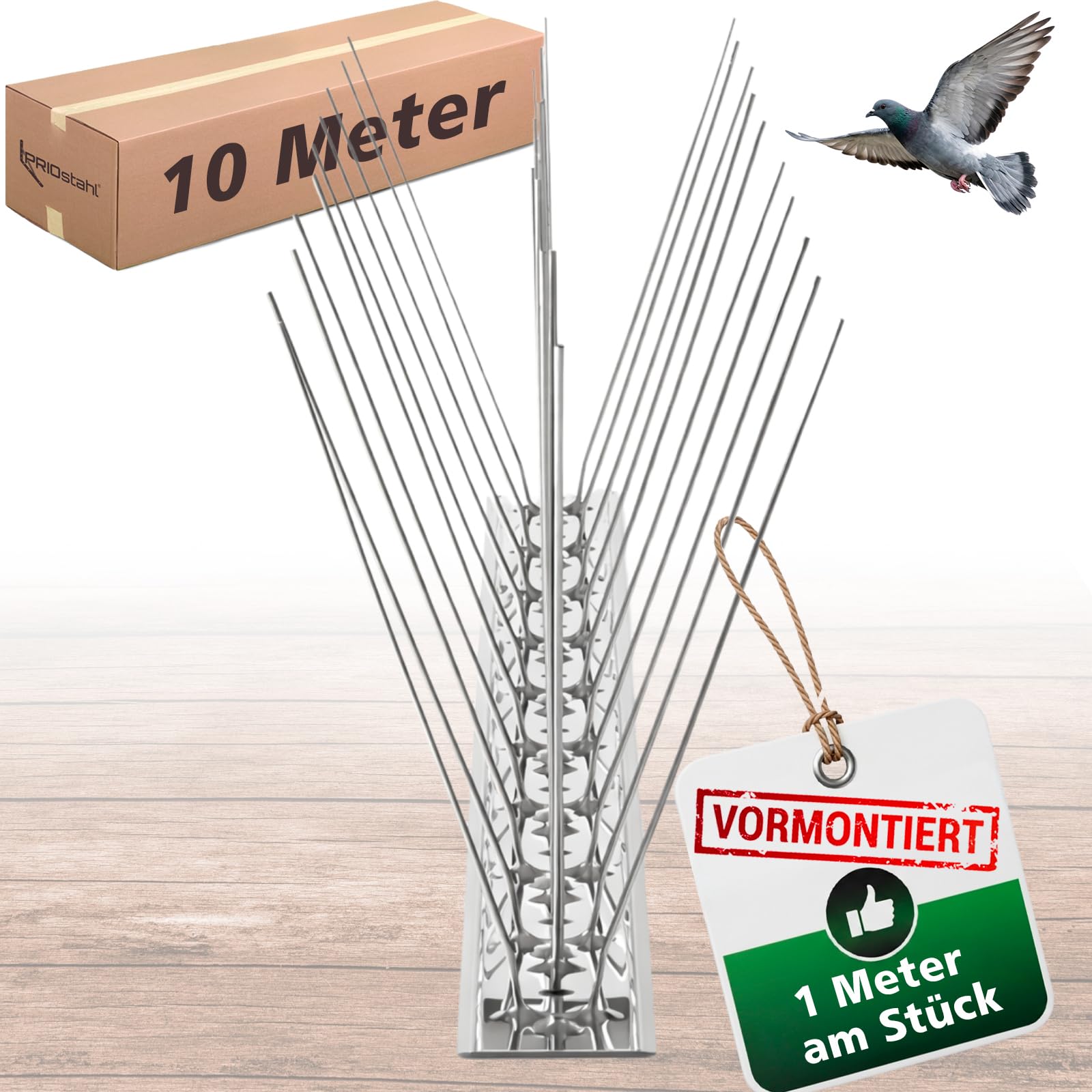 PRIOstahl Dissuasore per uccelli, 3 file, 10 metri (10 x 100 cm), punte premontate e pronte per l'uso, con fascetta, per piccioni e piccoli uccelli, resistente alle intemperie, in acciaio inox V2A