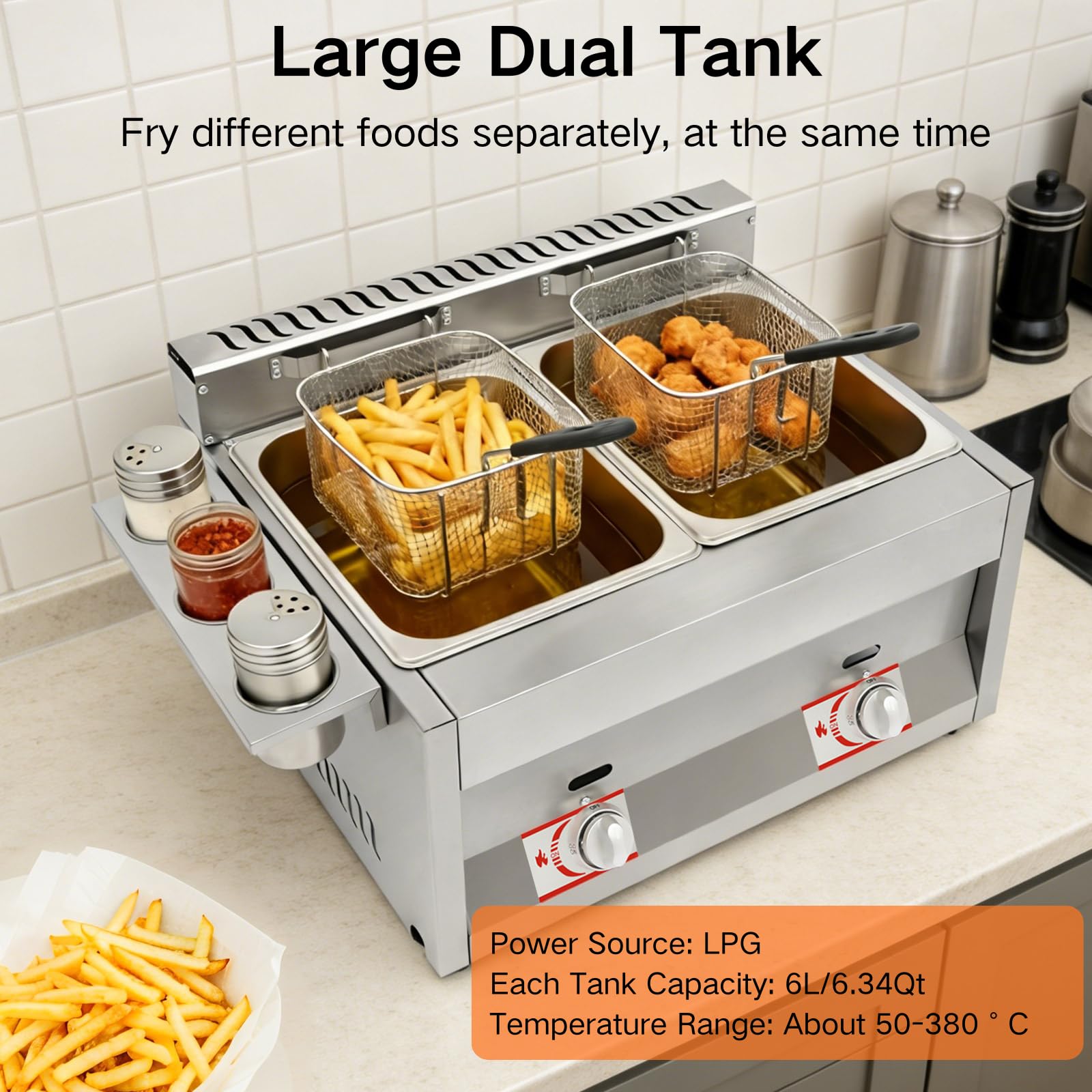 Friteuse à gaz double avec 2 paniers, 2 x 6 l friteuse à gaz professionnelle, plage de température 50-380°C, friteuse à gaz avec 3 gobelets à épices pour les ménages, les restaurants, les