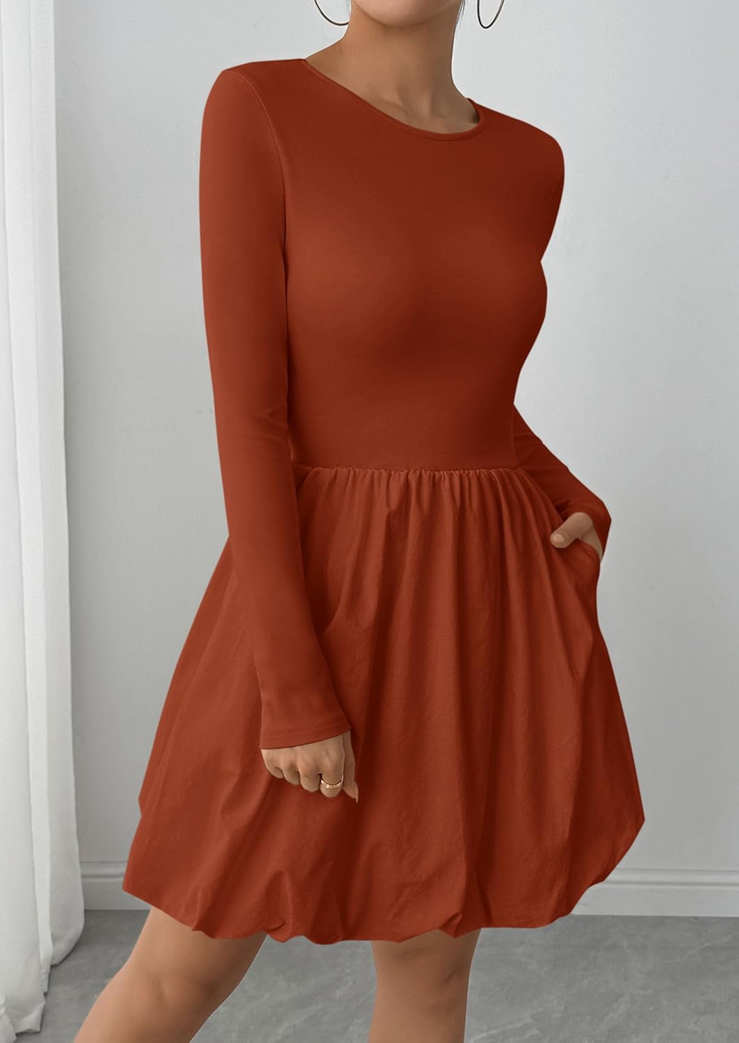 PRETTYGARDEN Fall Dresses for Women 2026 Casual Long Sleeve Bubble Cute Crew Neck A Line Mini Short Dress with Pockets - Image 7