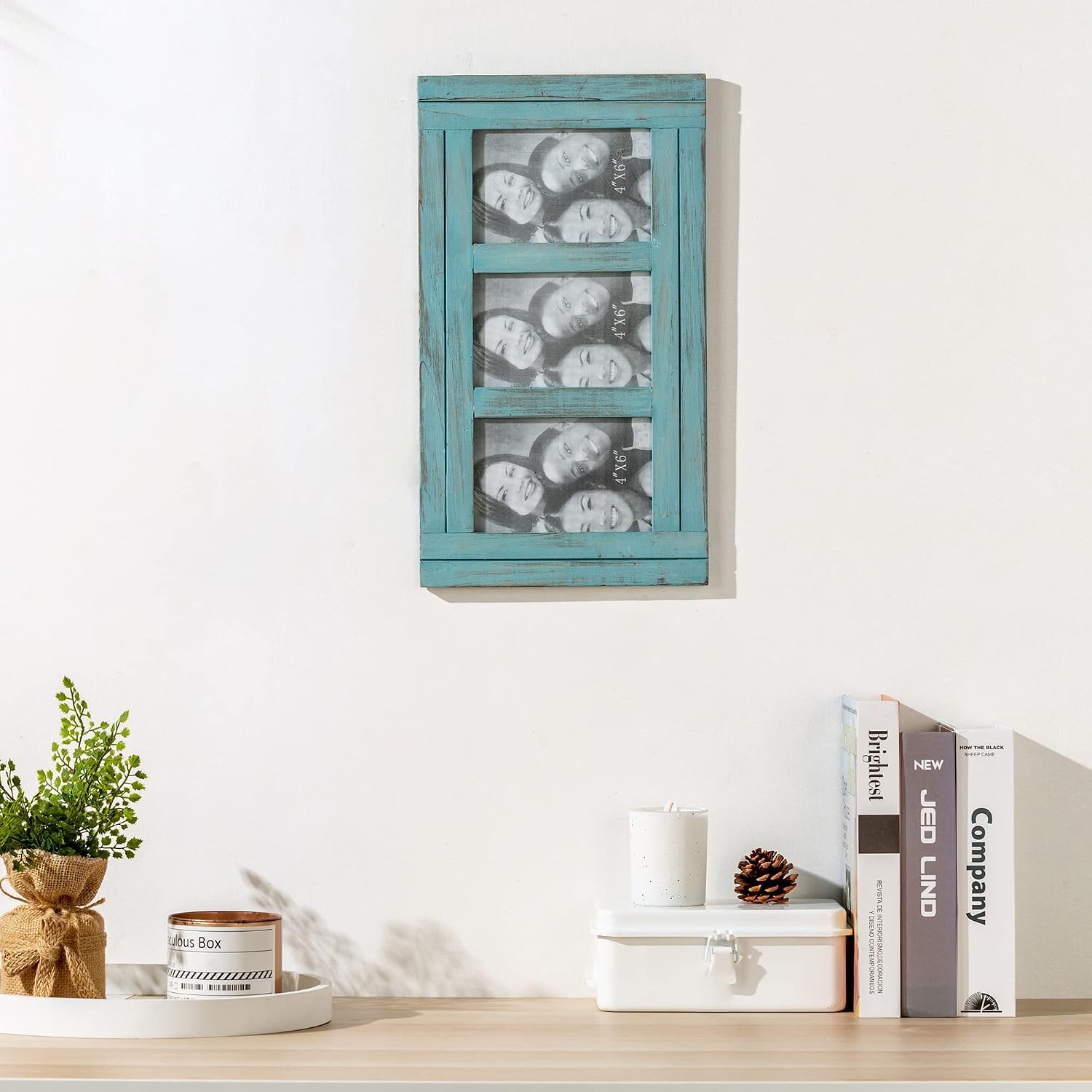 Rustic Distressed 3 Picture Photo Frames Collage 4x6 Wall Mounted Craftsmanship, Hanging Horizontal and Vertical, Gift for Halloween, Thanks Giving Day, Birthday, Anniversary, Christmas, New Year, Mother's Day（Blue)
