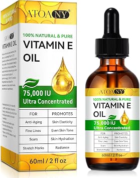 Pure Vitamin E Oil for Skin 75,000 IU, 100% Natural Organic Vitamin E oil for Body, Scars & Cuticles, Hair & Face - Cold Pressed, Cruelty Free Skin Repair & Moisturizing Solution, Easy to Absorbed
