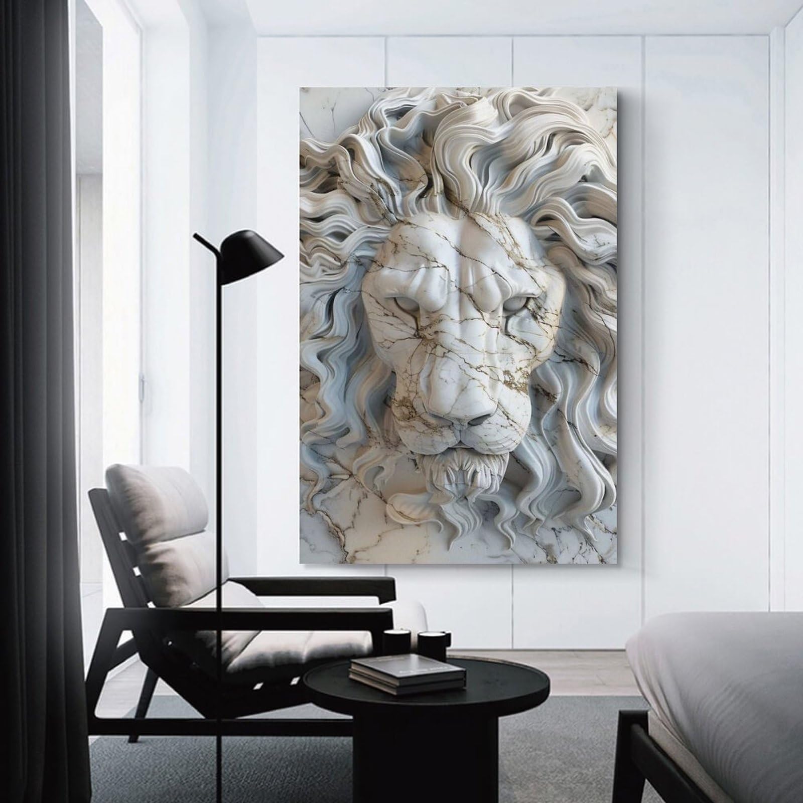 Junmoney Unframe-Style-16-1 Marble Lion Head Statue Decorative Wall Artwork, 24X36inch(60X90cm), For Work Areas, Reading Rooms Or Studios, Wall Art That Adds Style To Work Areas