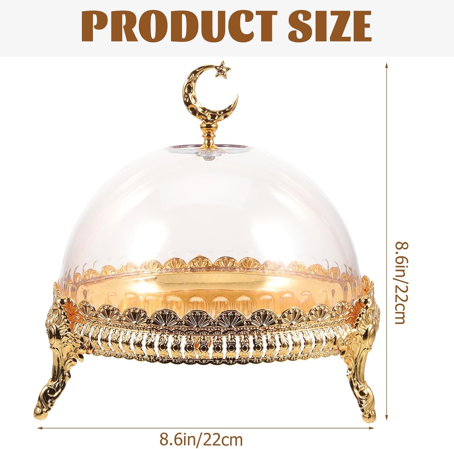 YARNOW Ramadan Tray - 8. 6 Inch, Gold Eid Mubarak Cake Stand with Dome Lid for Party, Wedding, Home Display