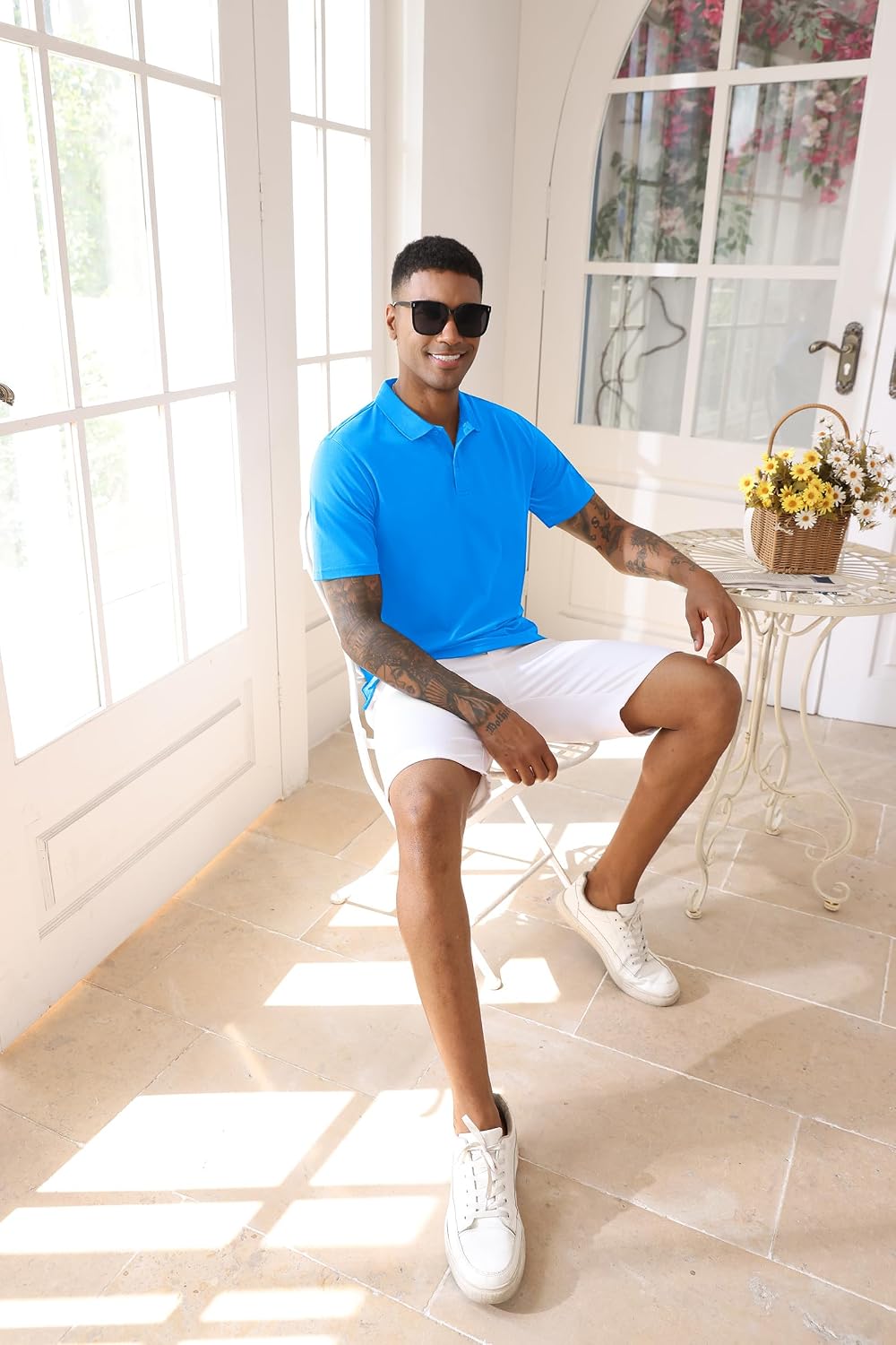 TACVASEN Men's Pique Polo Shirts Mens Golf Polos Dry Fit Short Sleeve Shirt Fishing Shirts Quick Dry Shirts Summer Shirts Golf Polo Shirts for Mens Azure