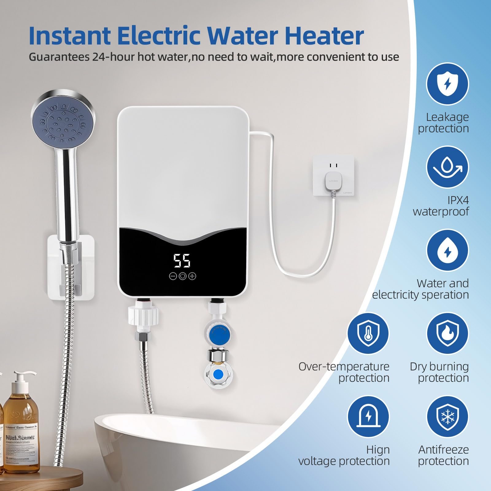 Scaldacqua elettrico da 5500 W con scaldabagno a flusso continuo e display LED della temperatura, regolabile da 30 a 55 °C IPX4 impermeabile, montaggio a parete adatto per doccia/cucina (A01)