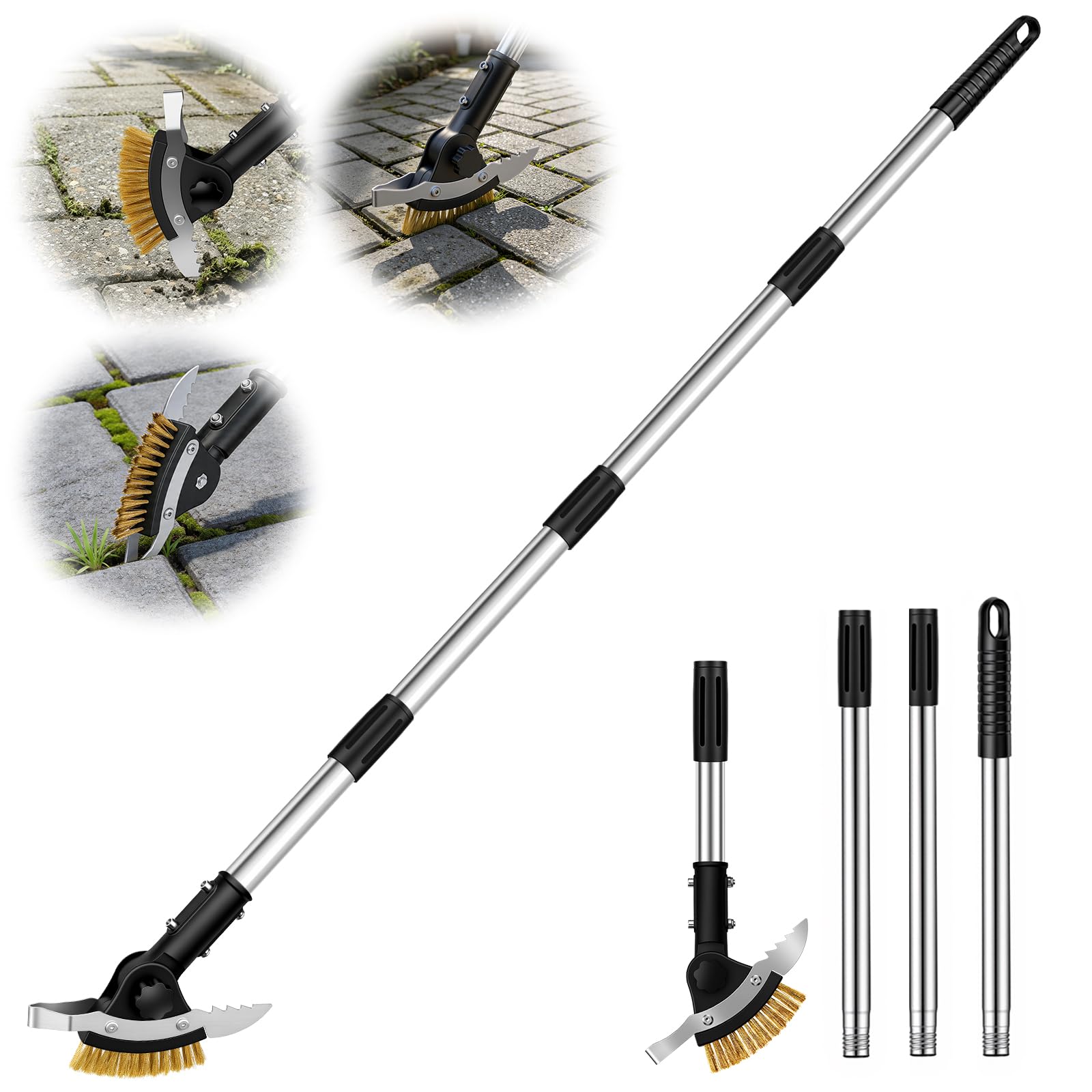 Hysagtek 3-in-1 Patio Weed Remover Tool with Long Handle - Crevice Weed Brush with Scraper Blade, Stand Up Crack Weeder, Heavy Duty Moss & Root Remover for Block Paving, Driveways, Garden Paths