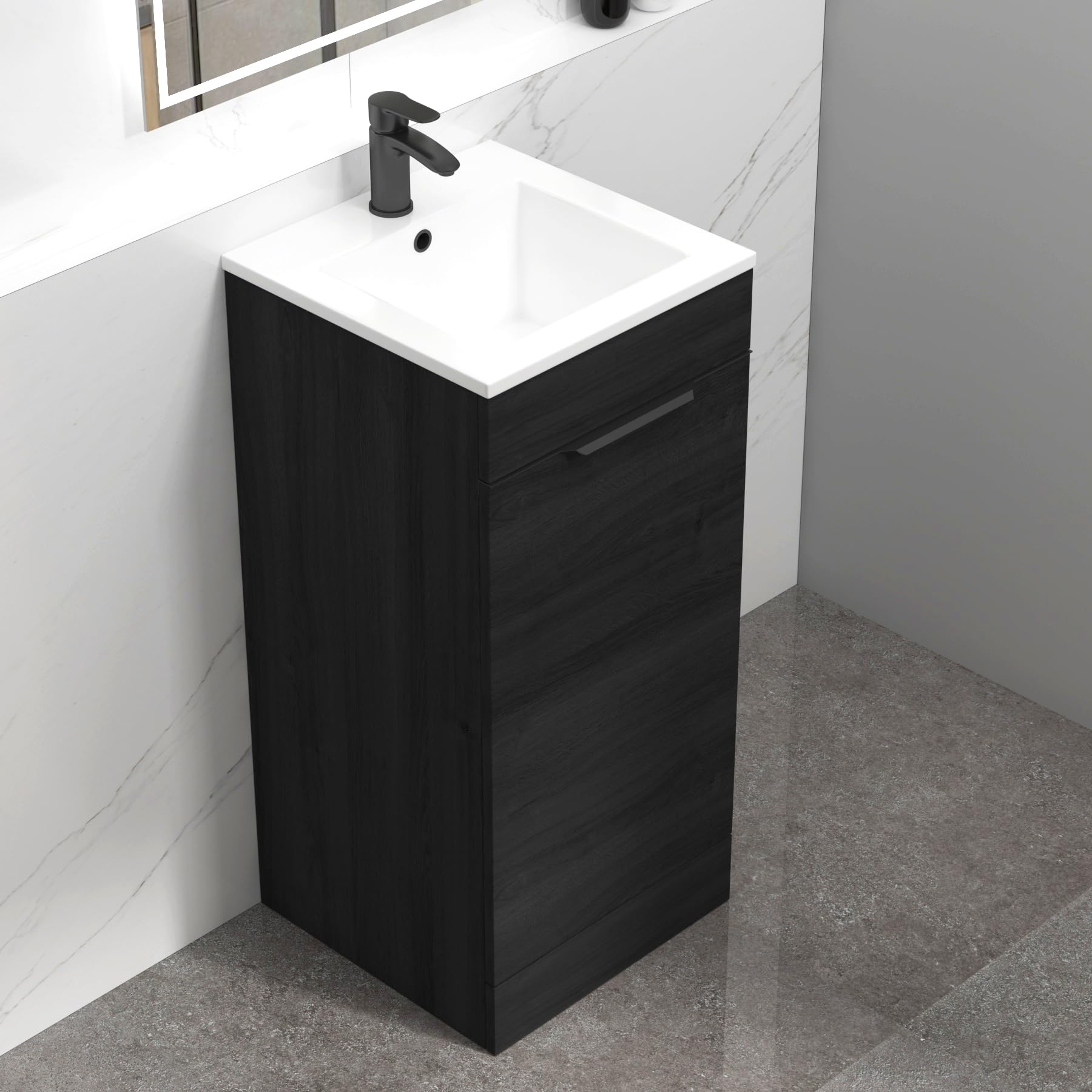 Turin 400mm Floor Standing Bathroom Vanity Unit With Basin - Cloakroom Vanity Unit with 1 Tap Hole Ceramic Basin Soft Close 1 Door Storage Cabinet Basin Sink With Matt Black Handle - Hale Black