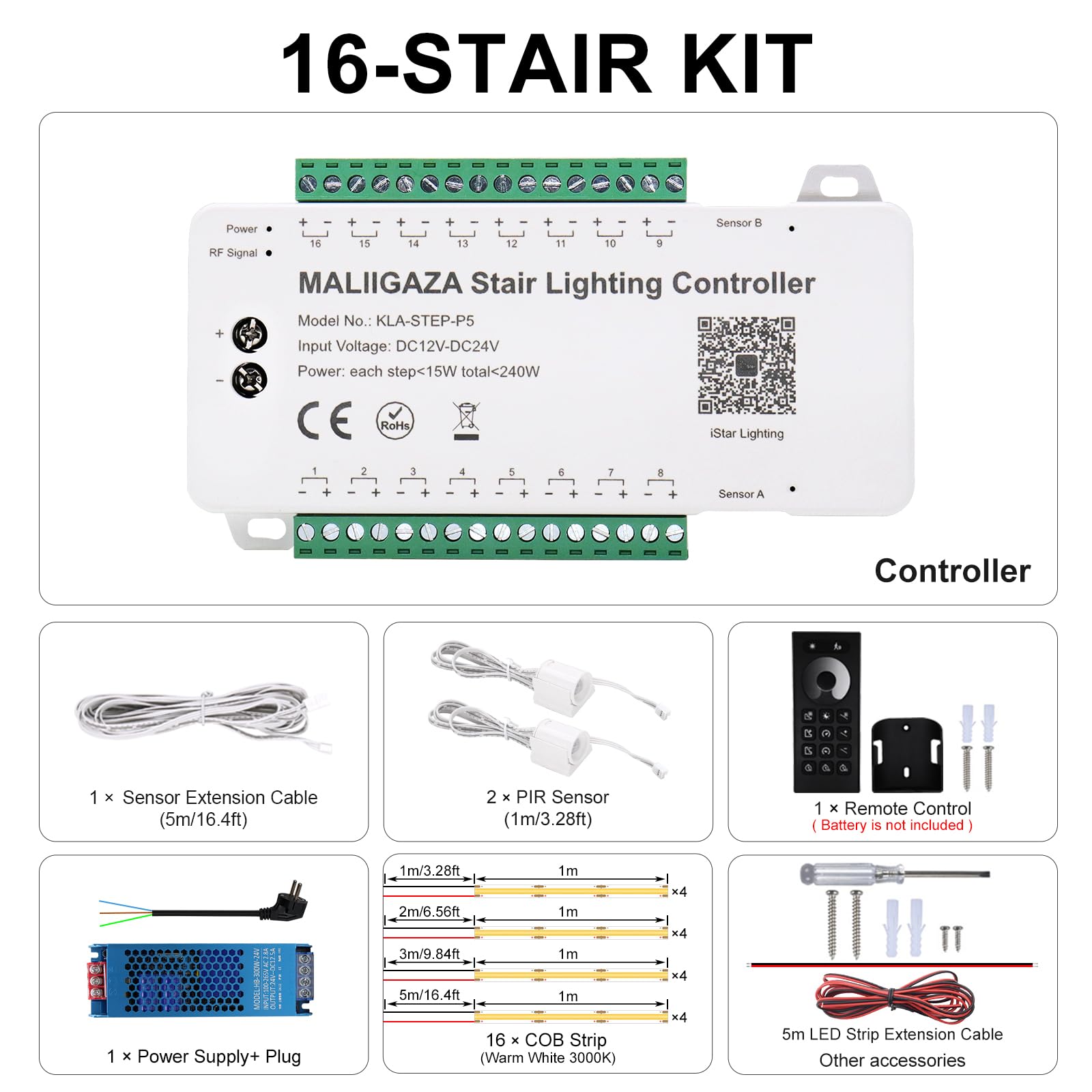 Intelligente Treppenbeleuchtung 16 Stufen Warmweiß 3000K | Bewegungsmelder Treppenlicht mit App & RF-Fernbedienung, Bluetooth Smart Stair Light, COB LED Streifen Indoor