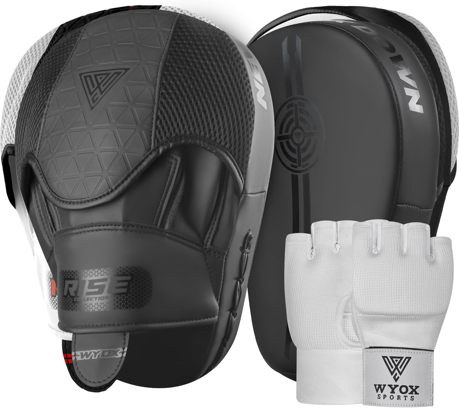 WYOX Boxing Focus Pads & Gel Inner Gloves Set – Premium Punch Mitts & Hand Wraps Training Gear for Boxing, Kickboxing, MMA, Muay Thai, Karate, Martial Arts, Sparring, Fitness, Gym, Home Workouts & Par