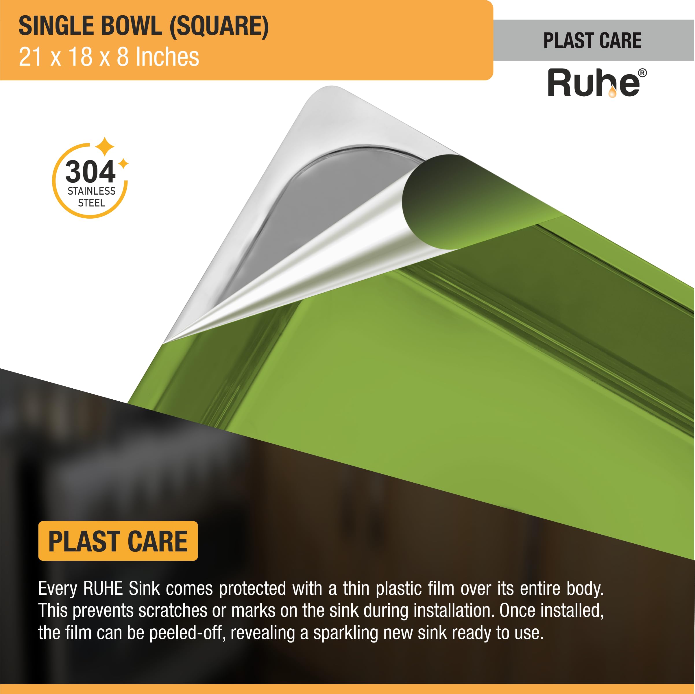 Ruheยฎ Square Single Bowl 21 x 18 x 8 inches Kitchen Sink | 304-Grade Stainless Steel Square Single Bowl Kitchen Sink | Glossy Finish | Kitchen Sink/Sink Coupling/Waste pipe 4