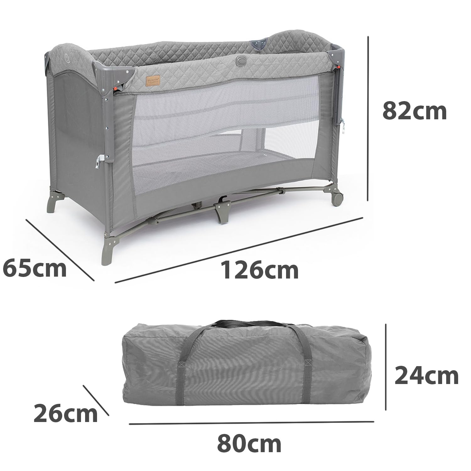 Olmitos - Cuna colecho de Viaje, Parque Infantil y Cuna clásica 3 en 1 - Plegable 2 Alturas con Buena circulación de Aire – Entrada Lateral y Ruedas con Freno - Incluye Bolsa Viaje (Gris)