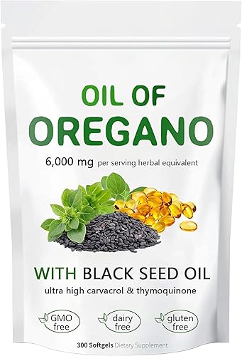 Aceite de cápsulas blandas de orégano, 300 cápsulas blandas, formulado con aceite de semilla negra, Carvacrol de 4 veces más fuerza, para apoyo
