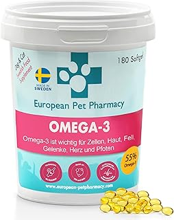 European Pet Pharmacy - Fischöl für Hunde/Fischöl Katze, Hochdosiertes Ergänzungsmittel für Hunde, Reich an Omega 3 & 6 Gelenktabletten, Hund und Katze bei Juckender Haut - Mobilität - 180 Softgels