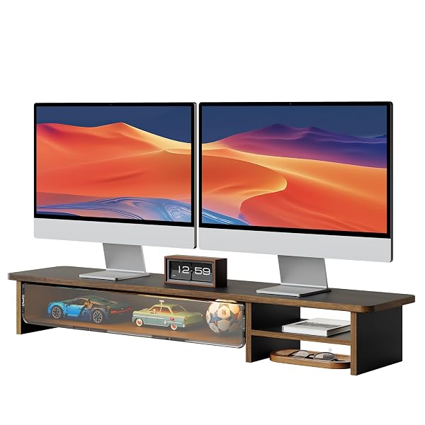 Fenge Podwójny stojak na monitor, ze schowkiem na ślepą skrzynkę, 108 cm