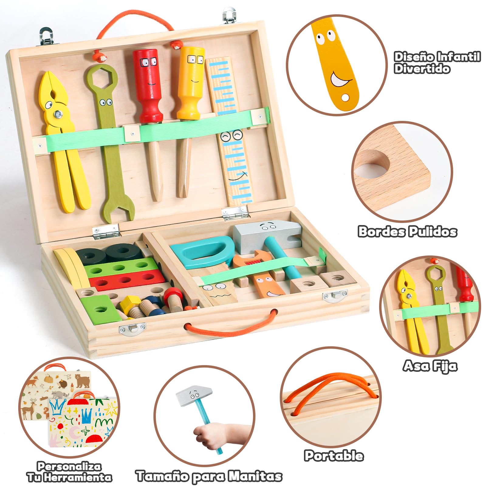 TONZE Caja Herramientas Juguetes Niños 3 Años Juguetes Madera Juegos Educativos 3 Años Regalo Niña 3 4 5 Años Bricolaje Construcciones Juguete Manualidades Maletin Herramientas (35 Piezas)