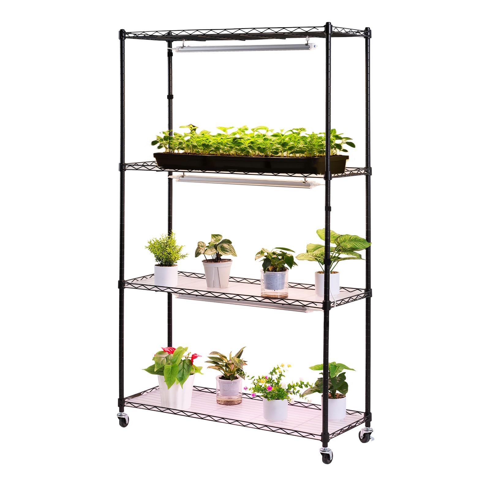VEVOR Stojak na rośliny z oświetleniem do uprawy 4 poziomów 150 cm 90 W, stojak na rośliny z gumowymi kółkami, 3 regulowane tryby oświetlenia, do wzrostu roślin, 900x350x1500 mm