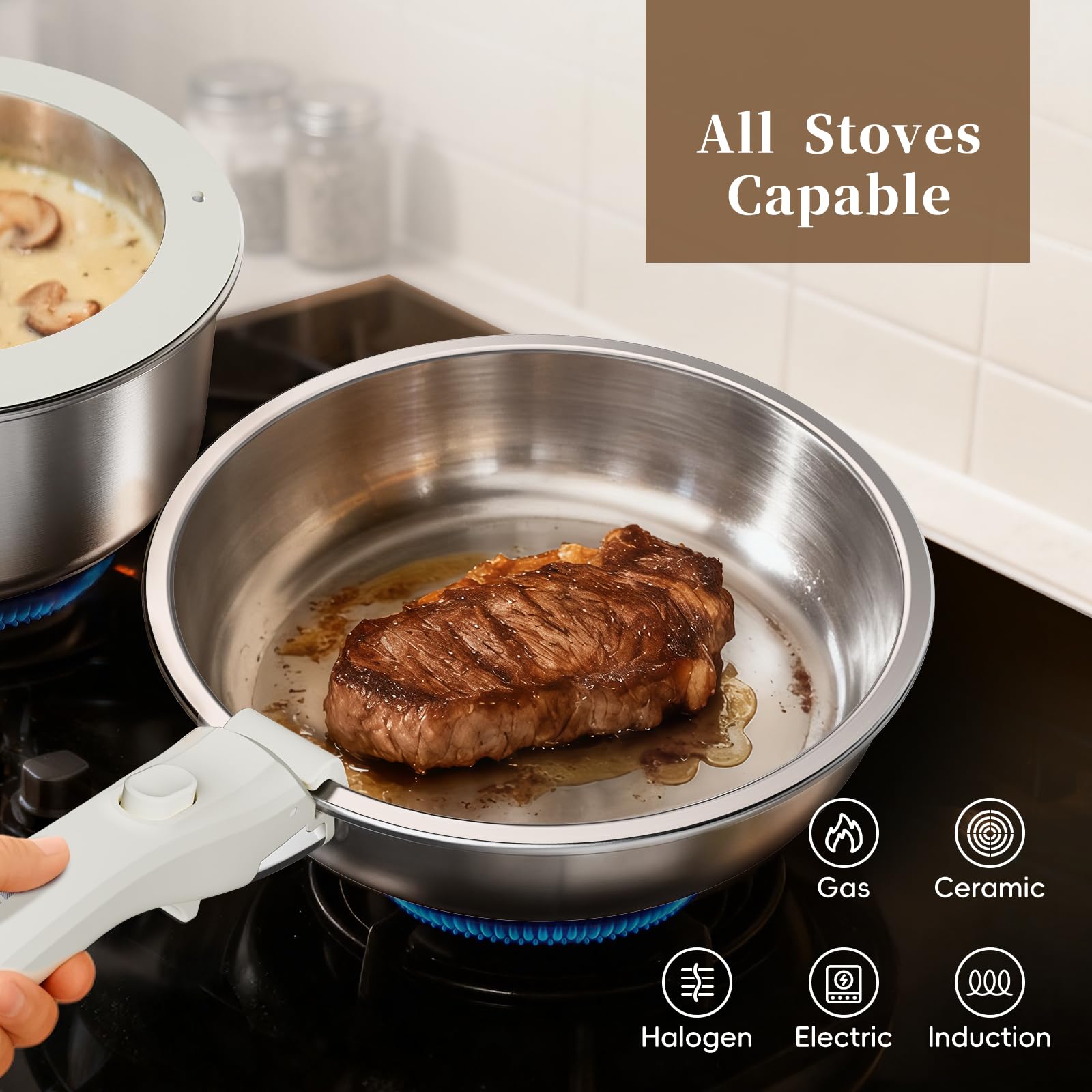 Juego de 10 sartenes de acero inoxidable con asas extraíbles, sartén de 24 cm, cacerola de 18/20 cm, apilables, para todo tipo de cocinas (plata)