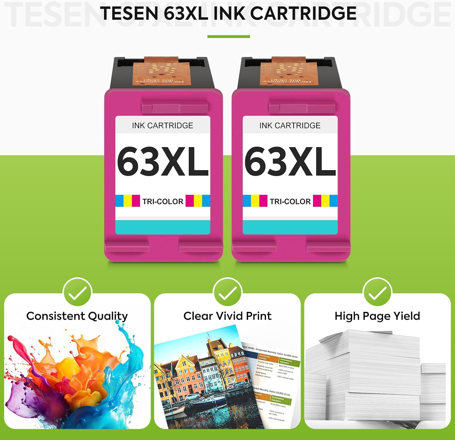 63XL Ink Cartridge Replacement for HP Ink 63 HP63 HP63XL Compatible for HP Officejet 4650 5258 5200 3830 5255 4655 4652 5252 Deskjet 3630 3634 1112 Envy 4510 4520 Printer 2-Pack Color