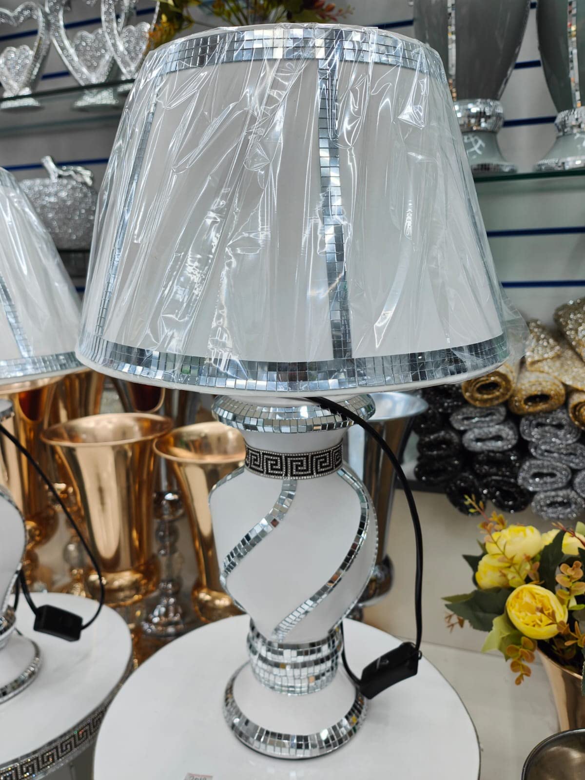 Biznest Silver Crushed Diamond Full White Spiral Design Line Ceramic White Bling Table Lamp With Style Shade