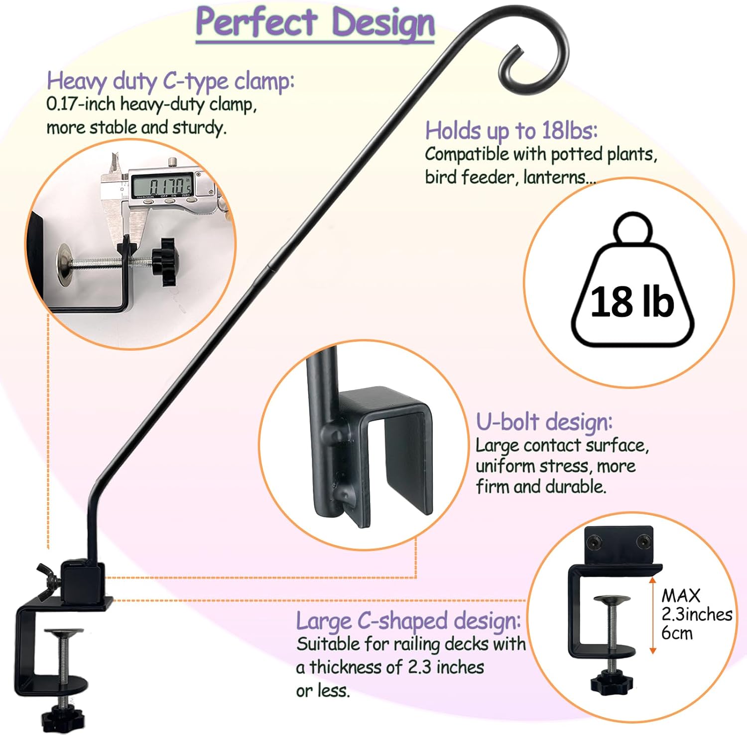 Heavy Duty Deck Hook,Courtyard Decoration,Pole 32”Long Metal Deck Railing Hooks for Hanging Bird Feeders,Planters,Suet Baskets,Lanterns,Wind Chimes,Clamp Mounted,Under 15 LBS（2PCAK）