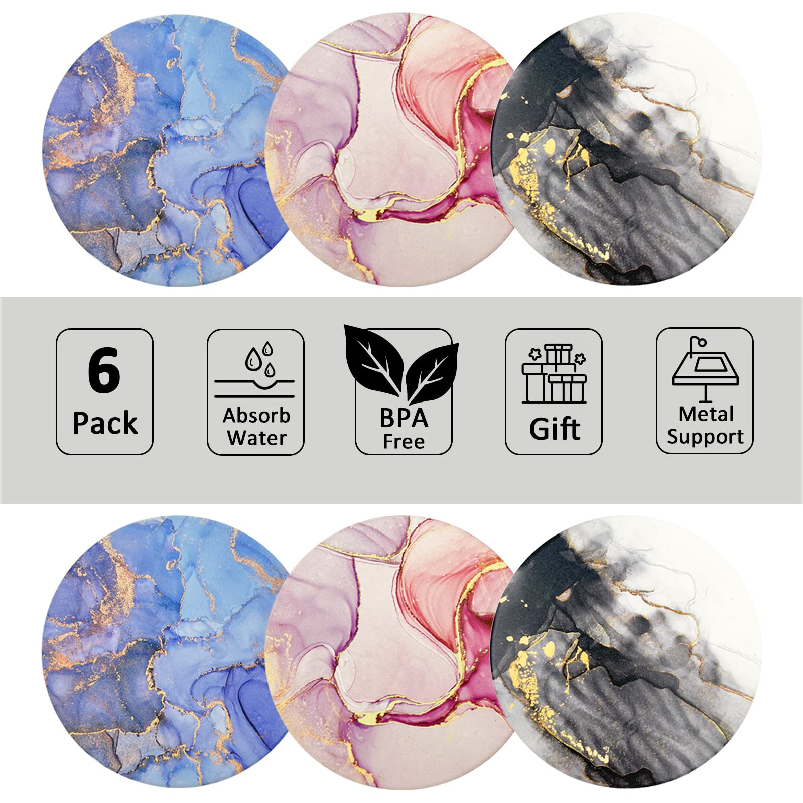 ZHOMA Sets of 6 Coasters for Drinks Absorbent, Marble Style Ceramic Drink Coaster for Coffee Table Decor, Suitable for Kinds of Cups, Great Home and Dining Room Decor (2 Black + 2 Blue + 2 Pink)