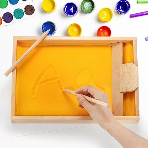 Miniatura 5 de Suwimut Bandeja de arena Montessori, bandeja de madera Montessori para trazar arena, juguetes educativos y de aprendizaje con bolígrafo de madera
