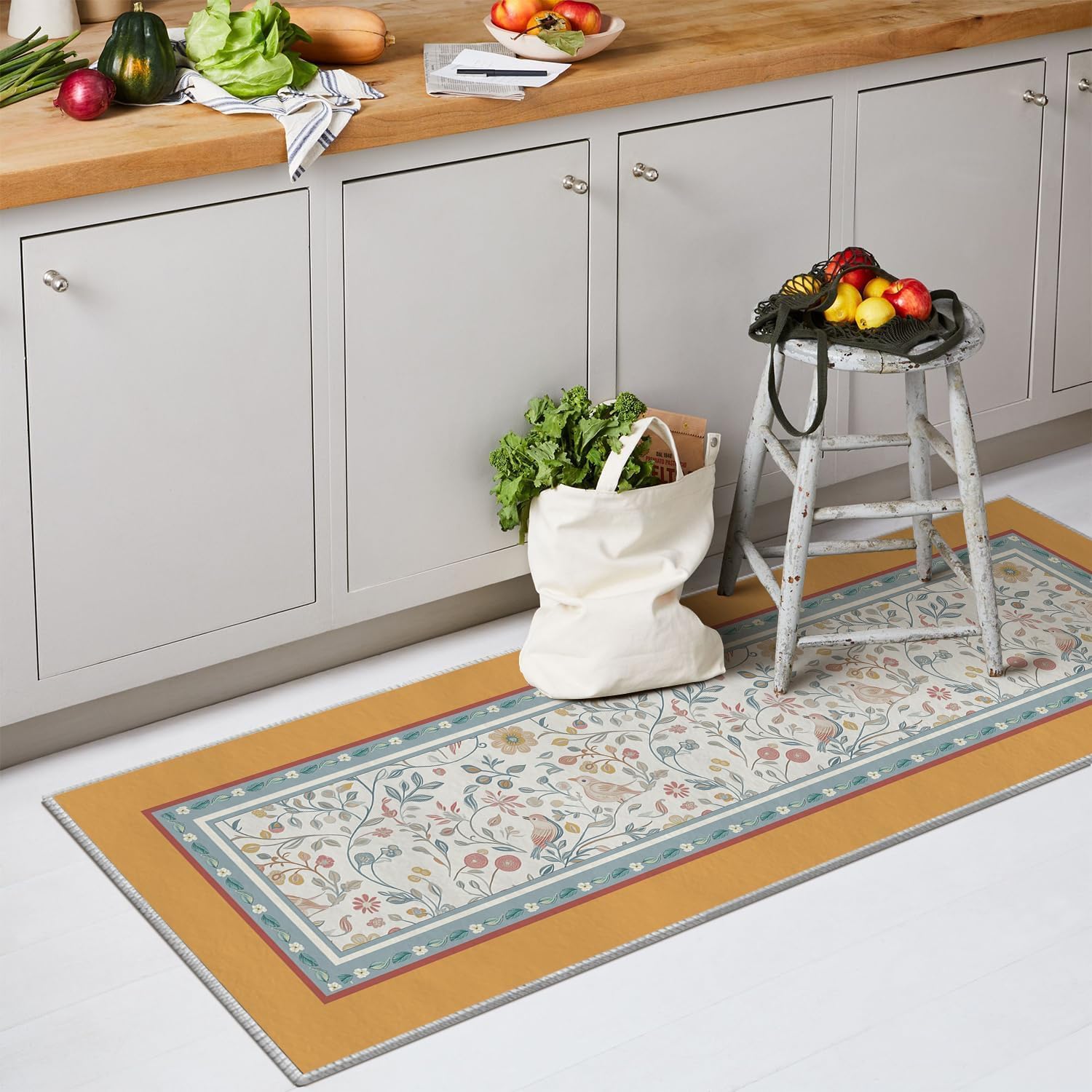 Artoid Mode Orange Bird Floral Spring Runner Rug, Summer Home Decor Low-Profile Non-Slip Washable Area Rug for Entryway Bedroom Kitchen Laundry Room Indoor 2x6 Feet