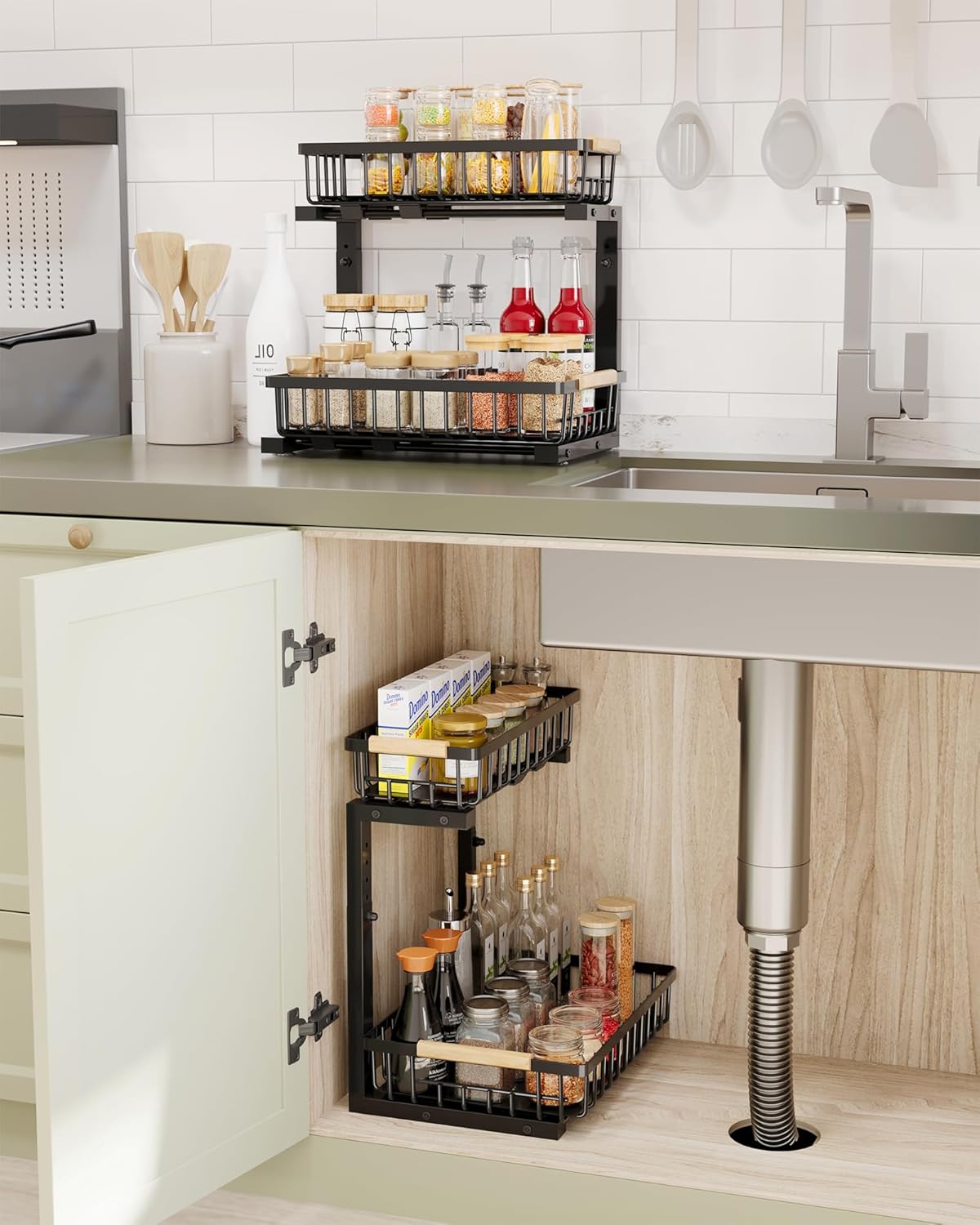 Under Sink Organizer for Bathroom Storage: Pull Out Storage Undersink Organizers Drawer - Sliding 2 Tier Rack Metal Organization Under Counter Kitchen Cabinet for Families, 2 Pack