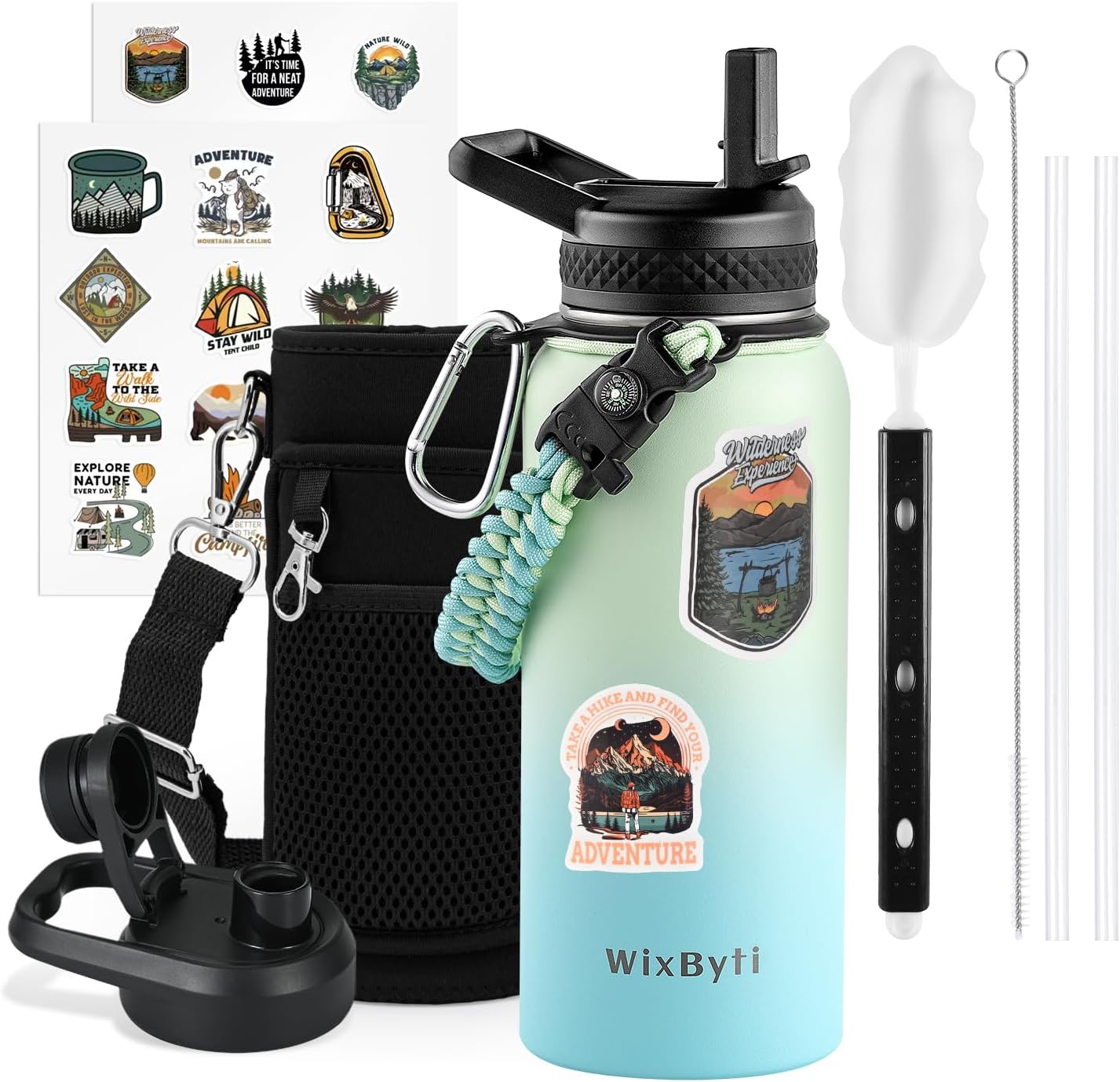 WixByti 32 oz Insulated Water Bottle with Straw (Cold for 48 Hrs), Stainless Steel Triple Wall Vacuum Sports Water Jug, Leakproof Hydro Cup Flask with Paracord Handle & Straw Spout Lids & DIY Stickers