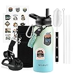 WixByti 32 oz Insulated Water Bottle with Straw (Cold for 48 Hrs), Stainless Steel Triple Wall Vacuum Sports Water Jug, Leakproof Hydro Cup Flask with Paracord Handle & Straw Spout Lids & DIY Stickers