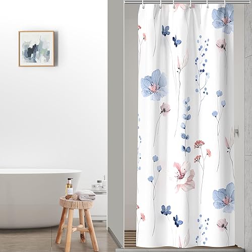 QiyI Watercolor Floral Shower Curtain, Flowers Print Minimalist Bathroom Curtain,