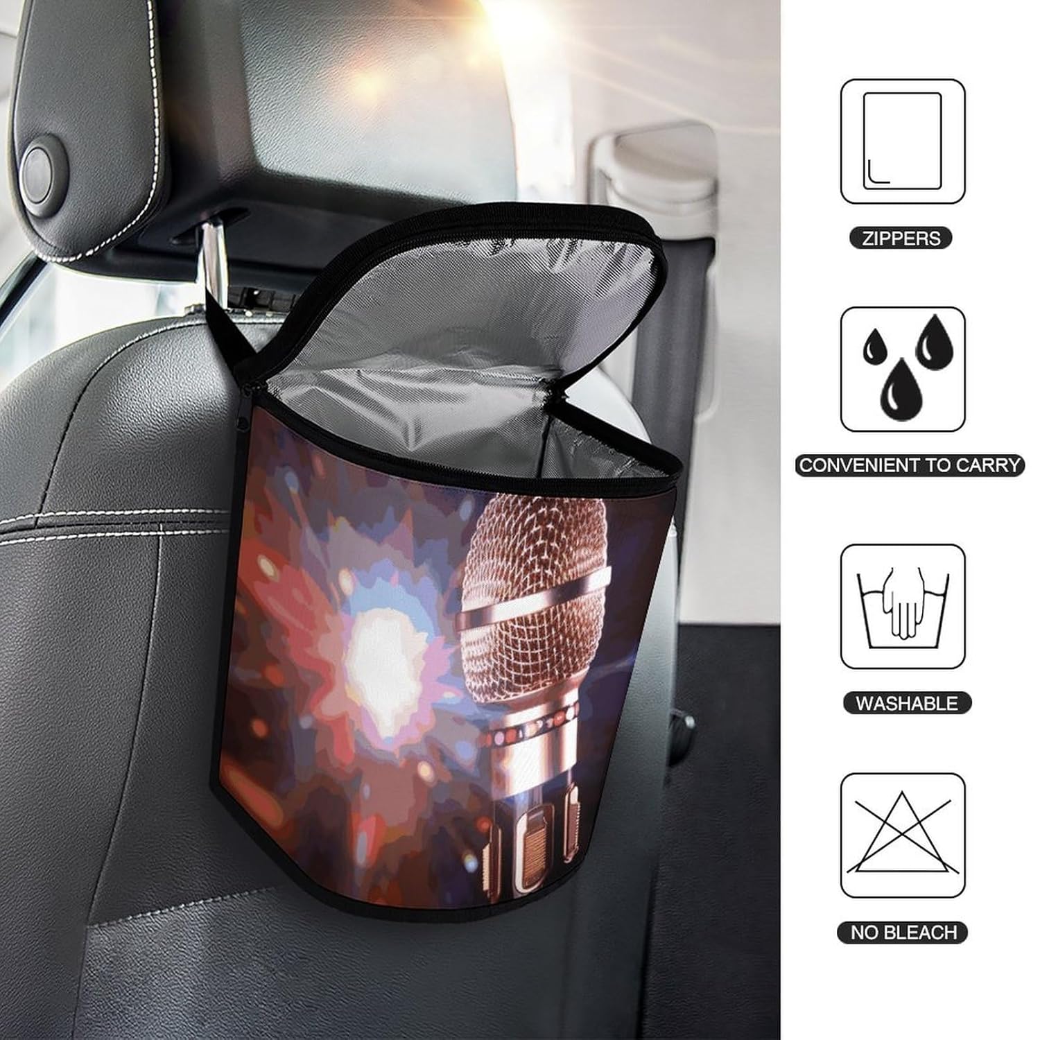 MUSM Leakproof Car Trash Can 2.5 Gallon, Durable Automotive Garbage Bag with Waterproof Liner, Karaoke Microphone Trash Bag for Car, Truck, RV & Bathroom
