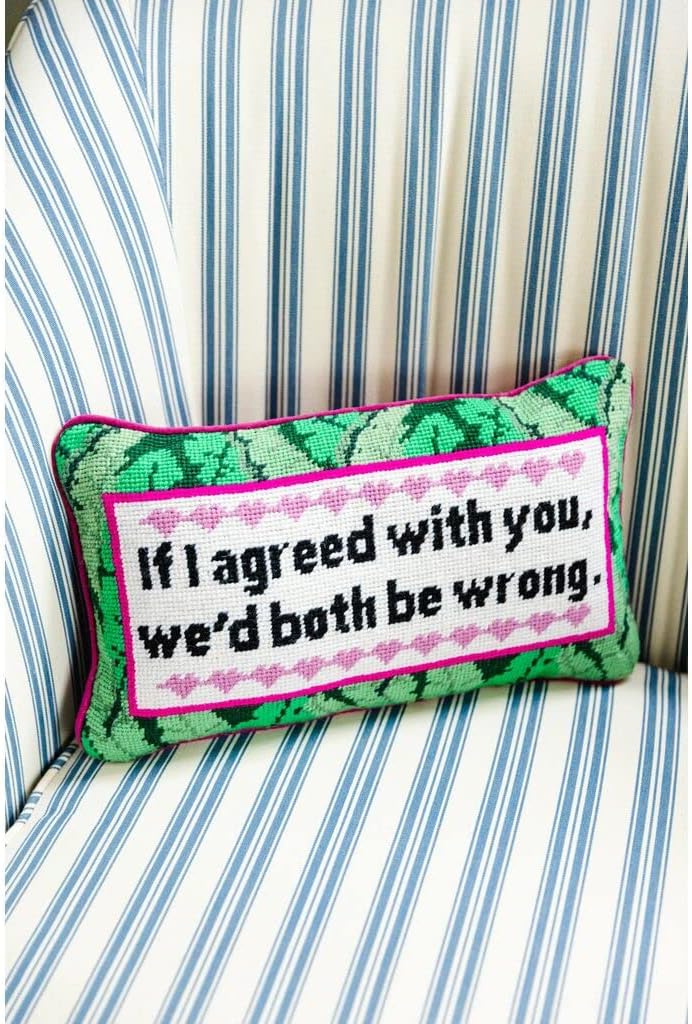 FURBISH Needlepoint Decorative Throw Pillow - Both Be Wrong - 9" x 15" - Small Embroidered Designer Pillow for Living Room Couch Sofa Chair & Bed - Eclectic Home Decor
