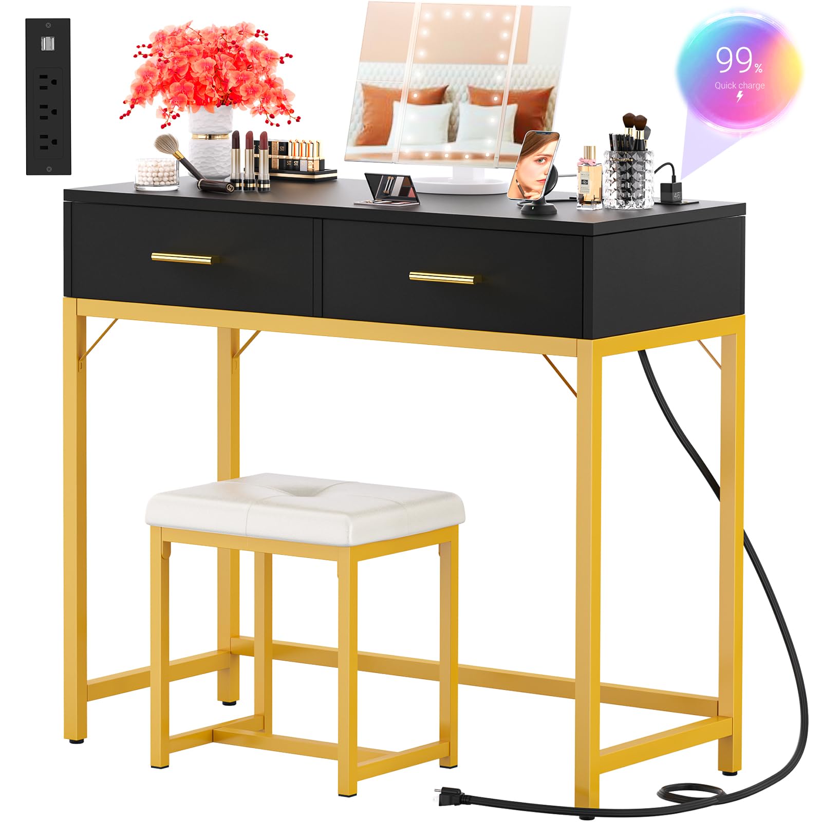 Cyclysio Makeup Vanity with Stool & Tri-fold Lighted Mirror, Black and Gold