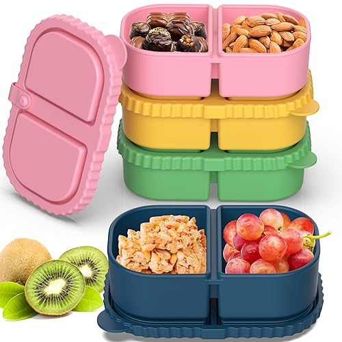 4 Pack Silicone Snack Containers with Lids, Double Compartment Snack