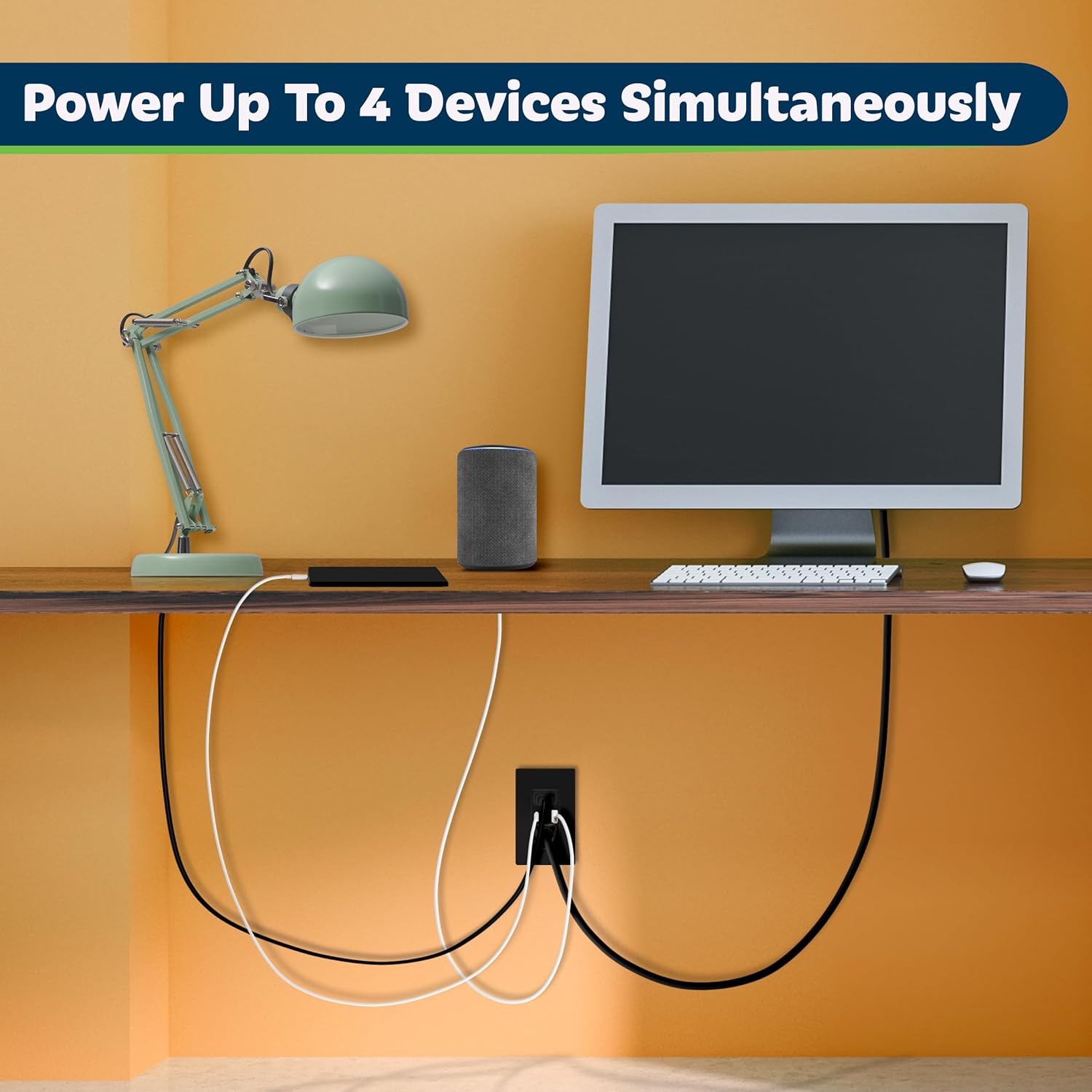 An image showing a TOPGREENER USB outlet installed in a wall, with multiple devices (a speaker, a phone, and a laptop) charging simultaneously via USB cables and AC plugs.