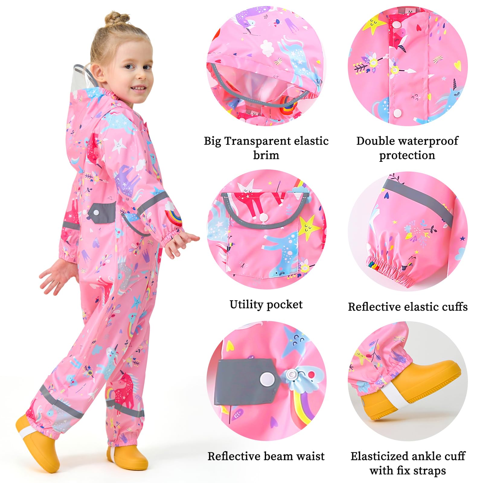 Enfant Imperméable à Capuche Fille Combinaison de Pluie Respirant Léger Randonnée Vestes Réfléchissante Rayure Imperméables Unisexe 1-9 Ans