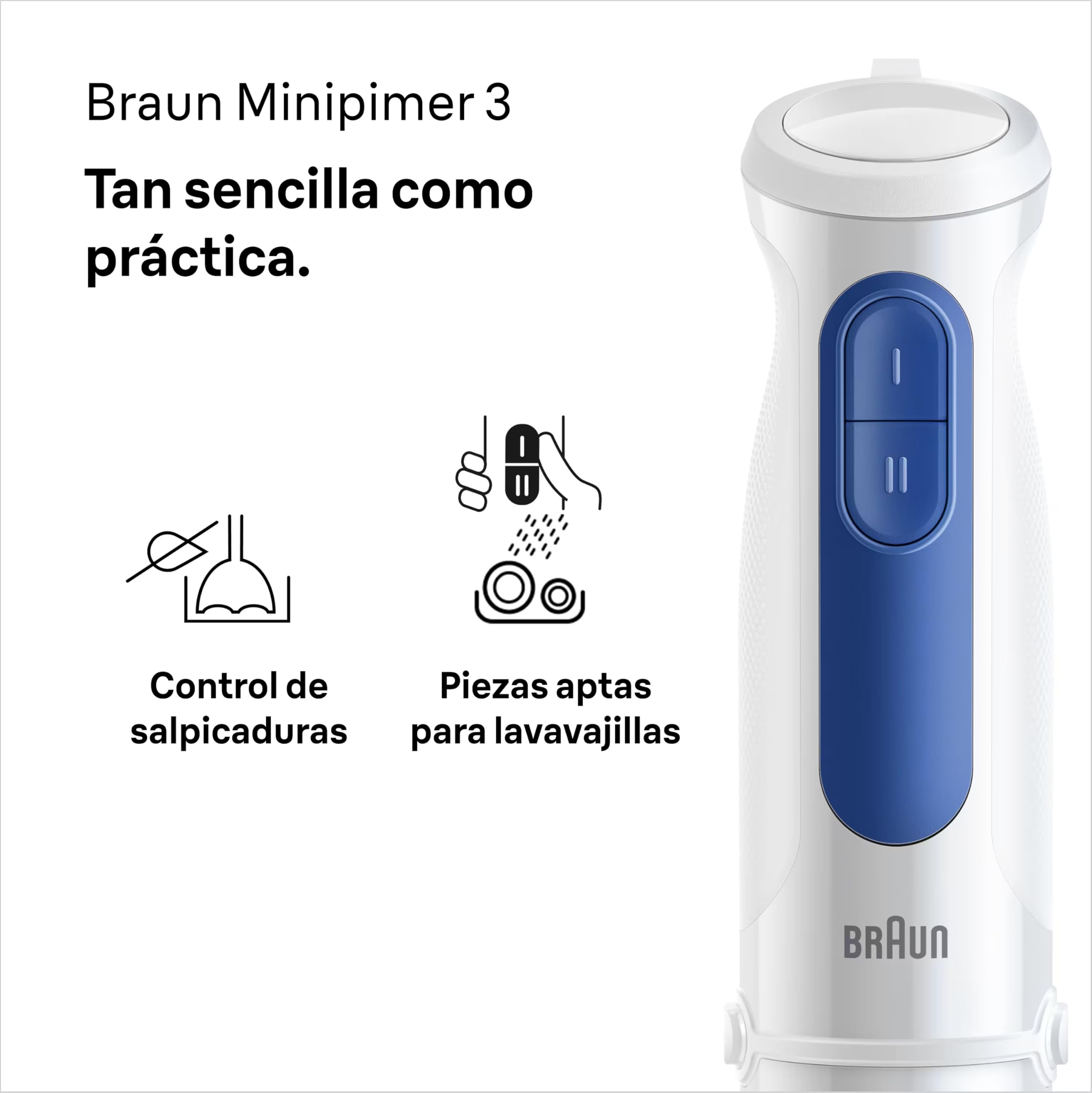Braun MultiQuick 3 MQ30.001M, Minipimer con Tecnologia PowerBell VPlus, 2 Velocidades+Turbo, Sistema EasyClick Plus para Accesorios, Tecnologia Anti Salpicaduras, Vaso de 600 ml, 900W, Blanco