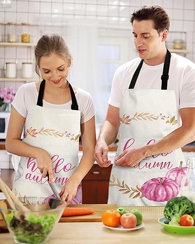 Miniatura 2 de Thanksgiving Fall Bib Aprons with Pockets Waterproof, Adjustable Apron for Men Women Hello Autumn Pink Gray Pumpkin Maple Leaf