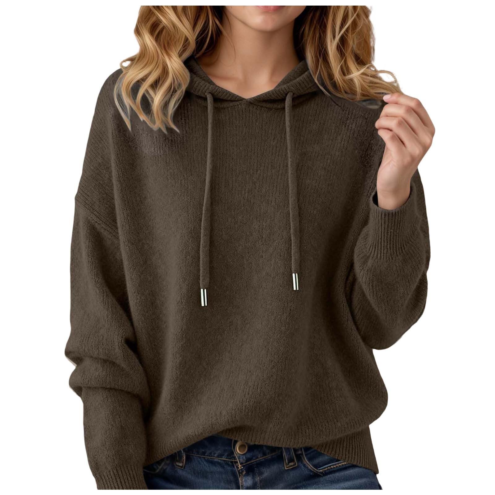 Fall Sweaters for Women V Neck Soft Cashmere Sweater Hoodie Drawstring Hooded Sweatshirts Loose Long Sleeve Pullover Tops
