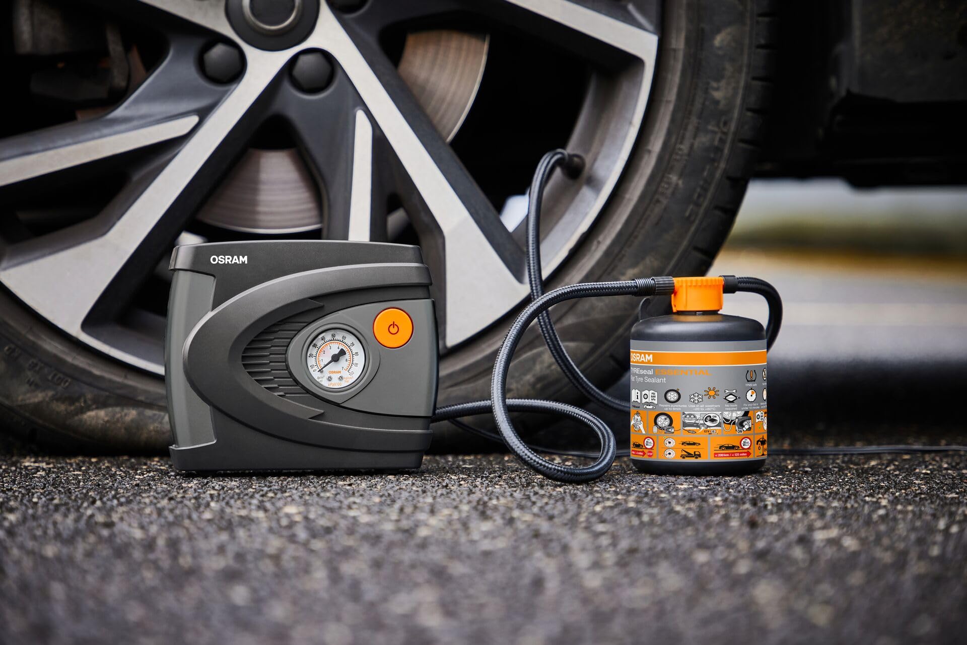 Osram TYREseal KIT Essential, 450 ml Reifendichtmittel und analoger Premium-Reifenfüller, RDKS geeigne, inklusive Aufbewahrungsbox