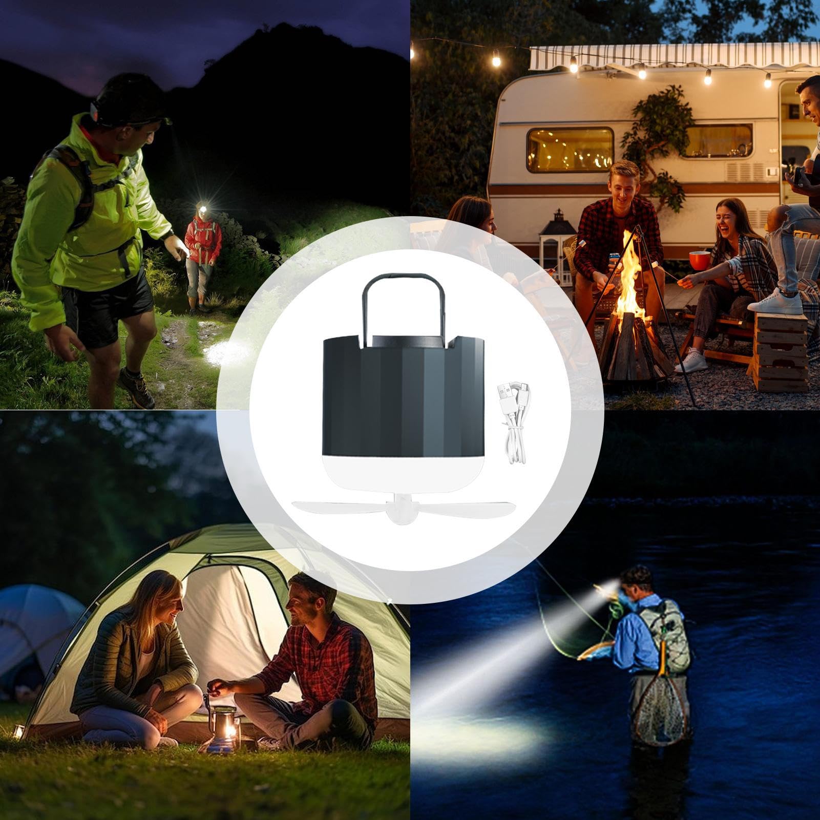 Luce per ventilatori da campeggio, luce da campeggio con fan,Ventile a soffitto a batteria portatile ricaricabile con luce a LED - Lampada da di raffreddamento a lanterna con gancio per le interruzion
