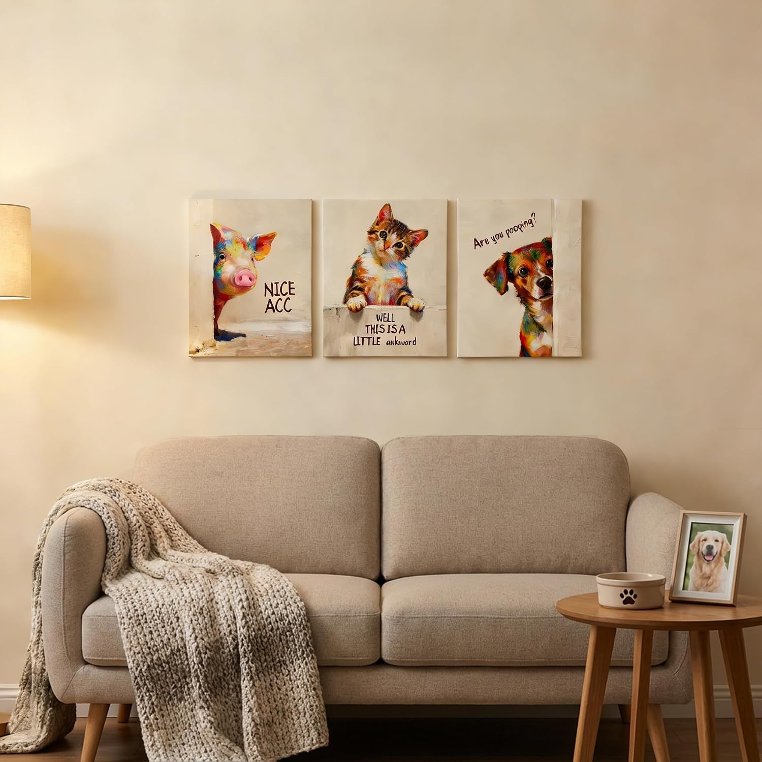 Artiluxy Funny Bathroom Wall Art Set of 3 – 12×16in Humorous Animal Canvas Prints – Cute Pig, Cat & Dog Wall Decor for Bathroom, Powder Room or Guest Bath, Ready to Hang