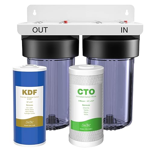 SimPure Sistema de filtro de agua para toda la casa, prefiltración de agua transparente de 2 etapas con filtros de carbono y KDF, reduce el hierro,