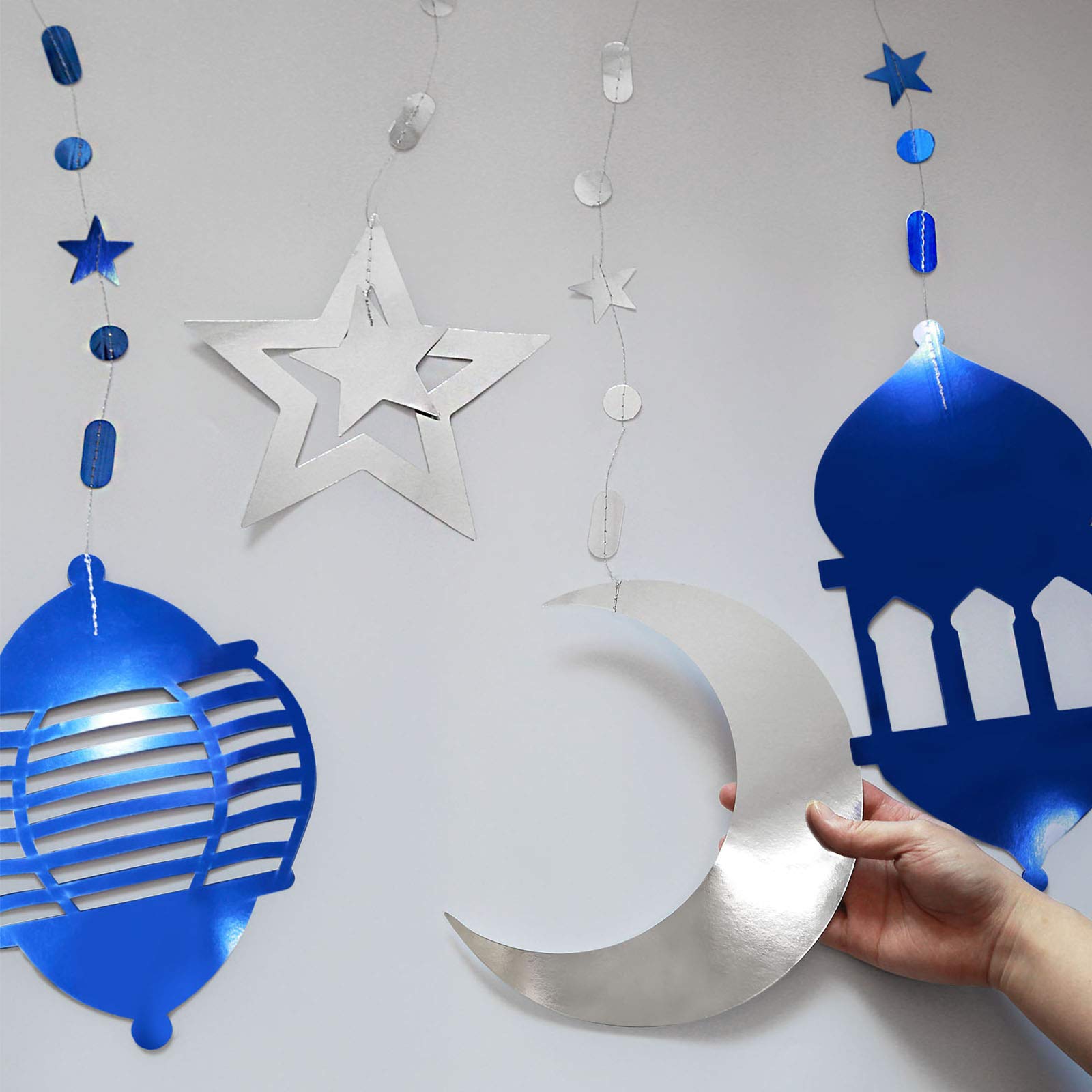 Islamic Silver Blue Star Crescent Moon Lantern Ramadan Garland EID ...