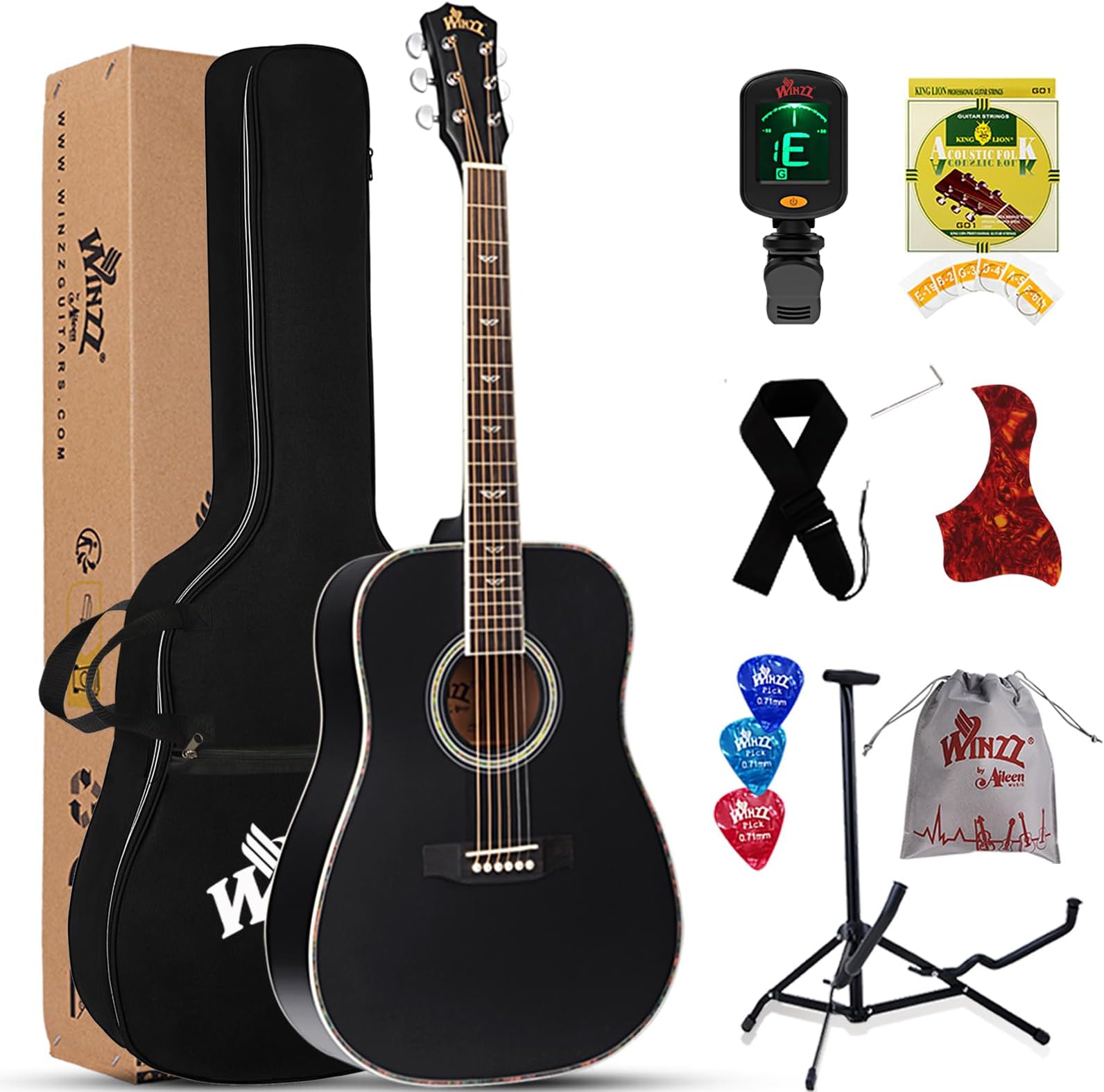Winzz Acoustic Guitars Full Size, 4/4 Folk Guitar for Beginners Adults, Acoustic Steel-string Guitar Black (black)