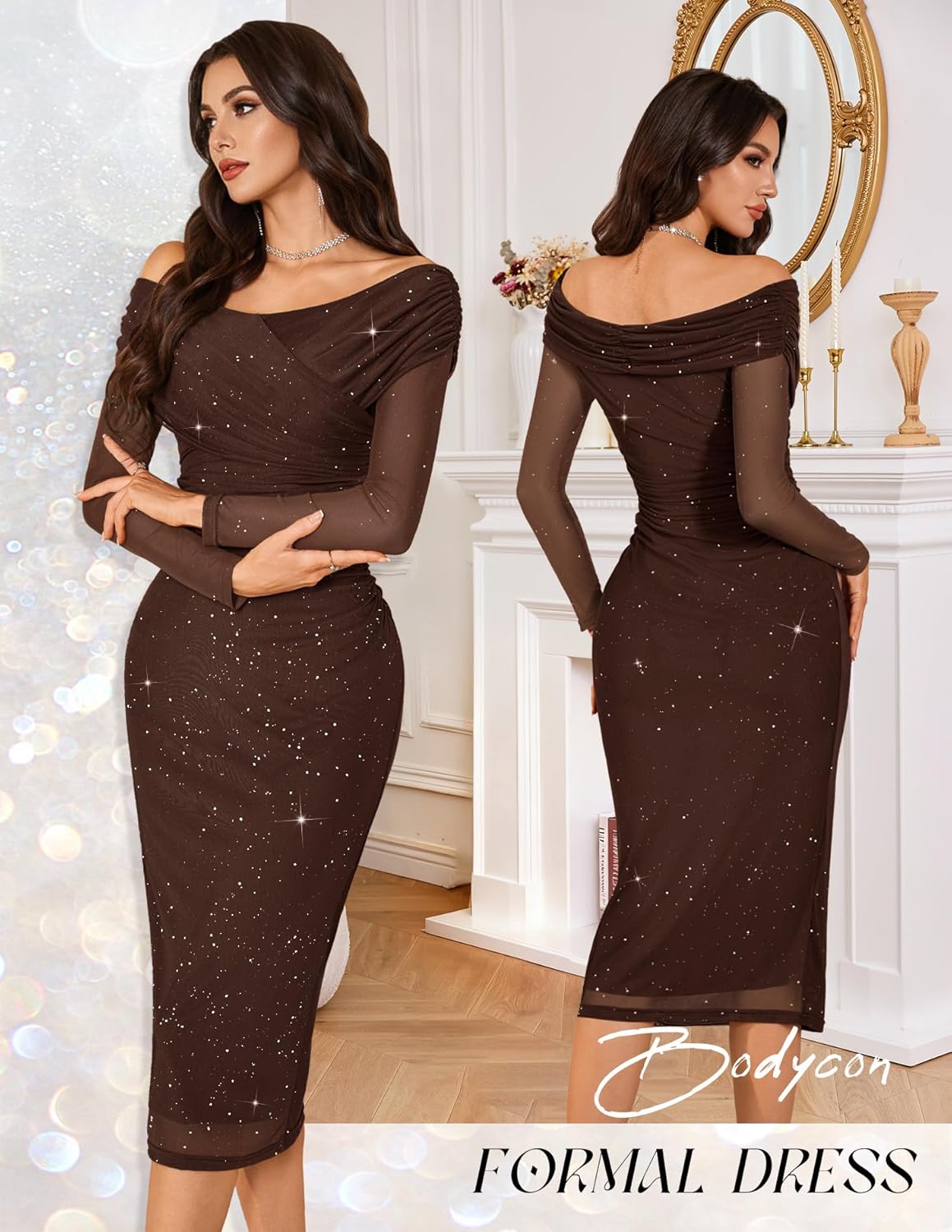 BeryLove Womens Sparkly Off Shoulder Formal Wedding Guest 2026 Cocktail Mesh Sequin Dress - Image 4