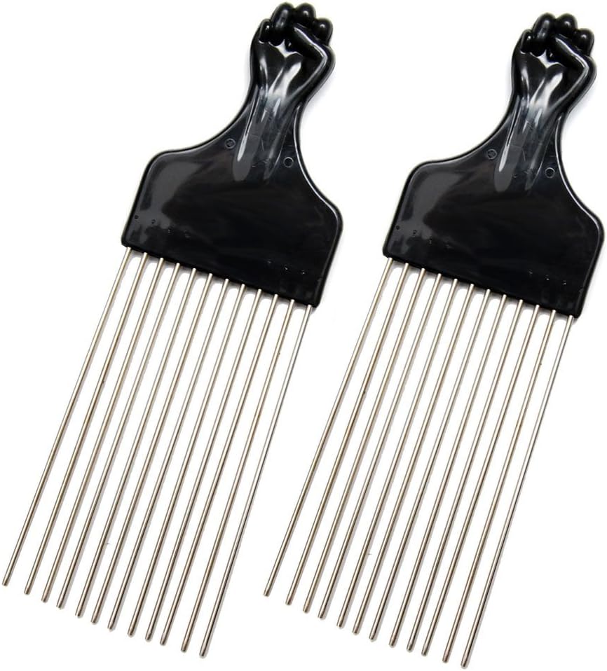 (2 Pack) 8" Long Black Fist Metal Afro Pick Lift Hair Comb Detangle Wig Braid Hair Man Styling Comb