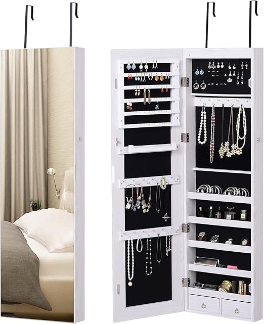 HOMCOM Jewelry Cabinet with Mirror and LED Lights, Lockable Makeup ...