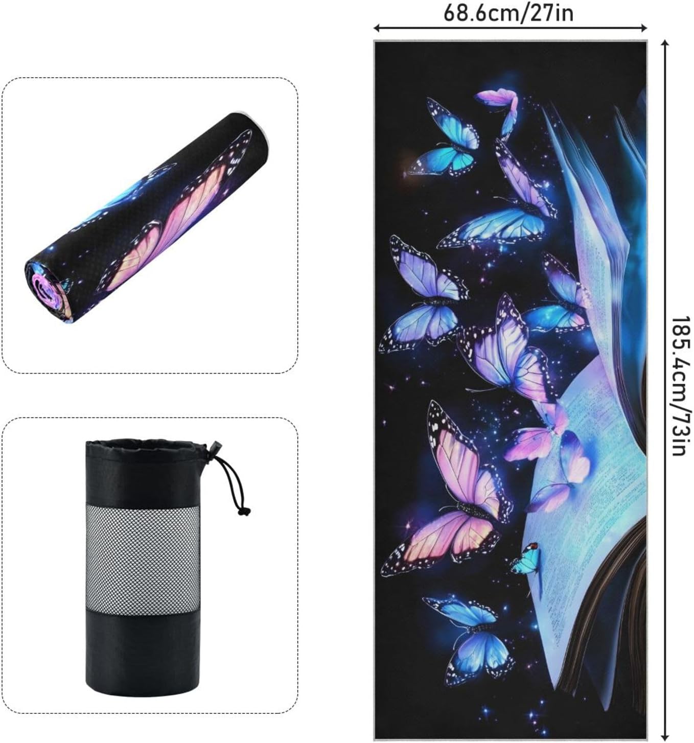 Yoga Mat Towel with Silicone Grip Dot Book Butterfly Blue – 73"x27" Non-Slip Sweat Absorbent Microfiber Yoga Towel for Home Gym Studio